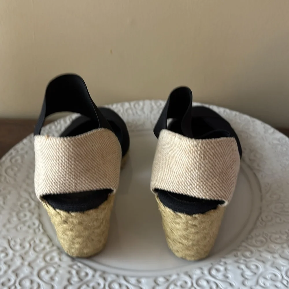 Chaps Black and Natural Espadrille Wedge Sandals with Ankle Band